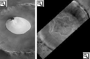 Foto prese in estate di crateri del Bacino Boreale con del ghiaccio, a sinistra quella della Mars Express del 2005, a destra della Reconaissance Orbiter del 2010