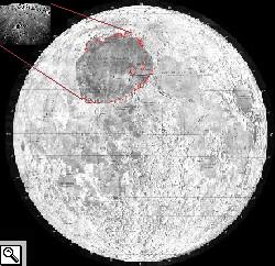 Posizione del Mare Imbrium e sua foto effettuata dall'Apollo 17; la catena montuosa visibile  quella dei Mones Carpatus, oltre la quale si vede il cratere Copernicus, nella parte alta dell'immagine