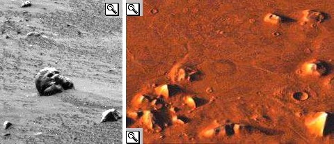 Il presunto teschio fotografato da Spirit e la foto della zona da cui  stato estratto il dettaglio; foto del 2005 della regione di Cydonia in cui sono presenti il volto, alcune piramidi, planimetria di Marte e dettaglio della piramide D & M.