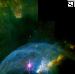 La Nebulosa Bolla, nella costellazione Cassiopea (6 anni luce da noi); la bolla  causata dallo scontro tra la materia in quiete della nebulosa e il vento stellare a 2000 km/s prodotto dalla stella centrale (40 volte il Sole).