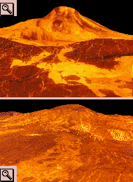 Due immagini 3d del Maat Mons, in quella in alto  stata alterata l'altezza per vedere i flussi di lava fuoriusciti