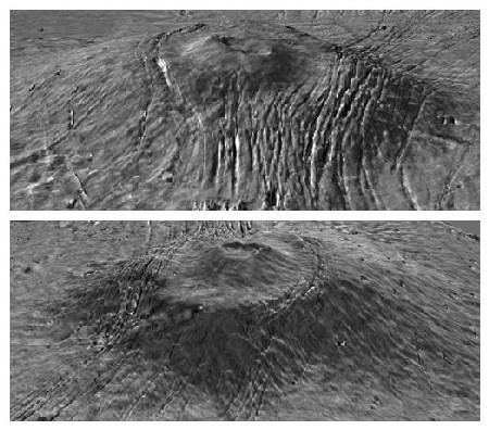 Immagine 3D del vulcano a scudo Alba Patera costruta dai dati del Mars Global Surveyor nel 2000