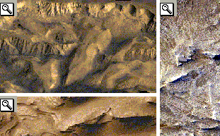 Immagine 3D della parte nord della Candor Chasma, foto dei sedimenti presenti sul fondo della valle medesima e di una frattura tettonica