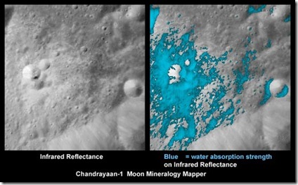 Immagini infrarosse prese dalla sonda Chandrayaan 1, in cui risulta evidente la presenza di acqua al polo sud lunare