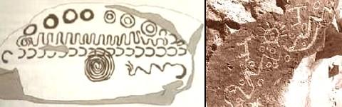 A sinistra riproduzione di un coccio trovato in una tomba irlandese del 300 AC, a destra un petroglifo