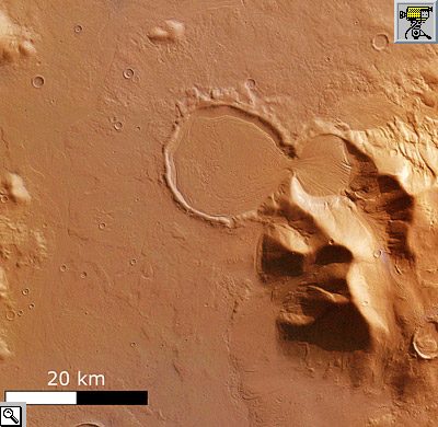 Foto dall'alto, dettaglio e filmato del cratere a clessidra realizzati grazie alla Mars Express.