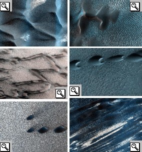 Foto di campi di dune presenti al Polo Nord a sinistra, presenti nella Noachis Terra, le due in alto a destra, e nell'Abalos Mensa, in basso a destra.