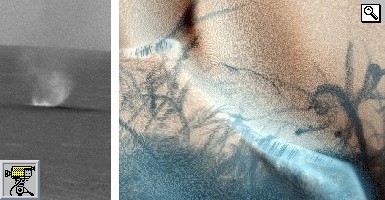 Animazione di un vortice formata unendo le immagini prese dalla sonda Spirit il 12 marzo 2005 e foto della Mars Reconaissance Orbiter delle striscie scure lasciate da una tempesta a nord dell'Antoniadi Crater il 24 agosto 2009.