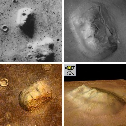 Il volto di Marte fotografato dalle sonde Viking 1, Mars Global Surveyor e Mars Express,da sinistra in alto a destra in basso, con di quest'ultima anche la foto in 3D e l'animazione creata dall'ESA.