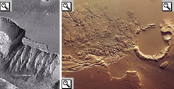 Foto in 3D della Ophir Labes a destra e foto in 3D della Sacra Fossae, nella Kasei Valles, fatte dalla sonda Mars Express.