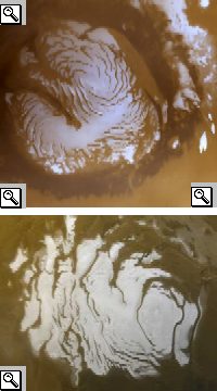 Foto della sonda Surveyor delle spirali di ghiaccio nei due poli e, per il Polo Nord, foto della Mars Reconaissance Orbiter prese nel 2008 delle scarpate e i una frana.