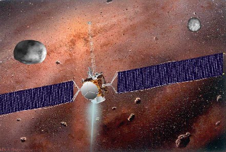 disegno riproducente la sonda tra Vesta e Cerere