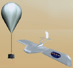 disegno di un pallone e di uno dei possibili aerei progettati per Marte
