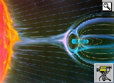 Disegno e animazione rappresentanti la zona di incontro tra il vento solare e la magnetosfera terrestre (ESA)