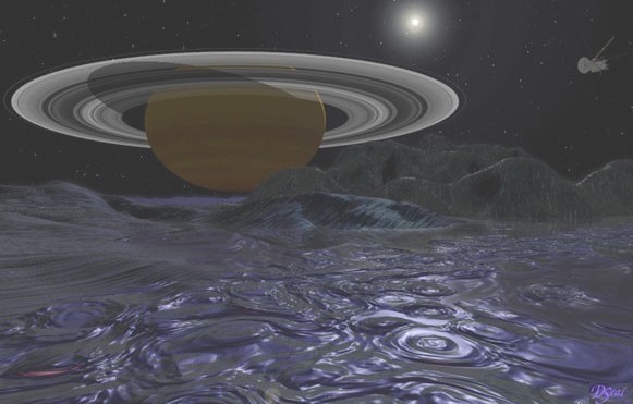 L'ipotizzata superficie di Giapeto e, sullo sfondo, Saturno, la sonda Cassini e il Sole