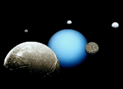 Disegno di Urano con i suoi satelliti principali