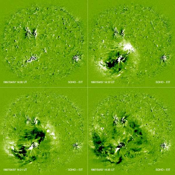 Sequenza di foto prese dal CME della sonda SOHO, della formazione di un'onda di Moreton associata ad un flare