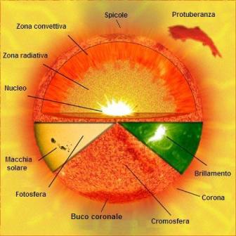 Disegno che mostra la struttura del Sole e i fenomeni associati alle regioni solari attive